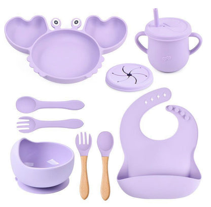 SET DE ALIMENTACION CANGREJO COMPLETO 9 PIEZAS + SET DE CUCHARA DE APRENDIZAJE DE REGALO - Tesoritos Baby