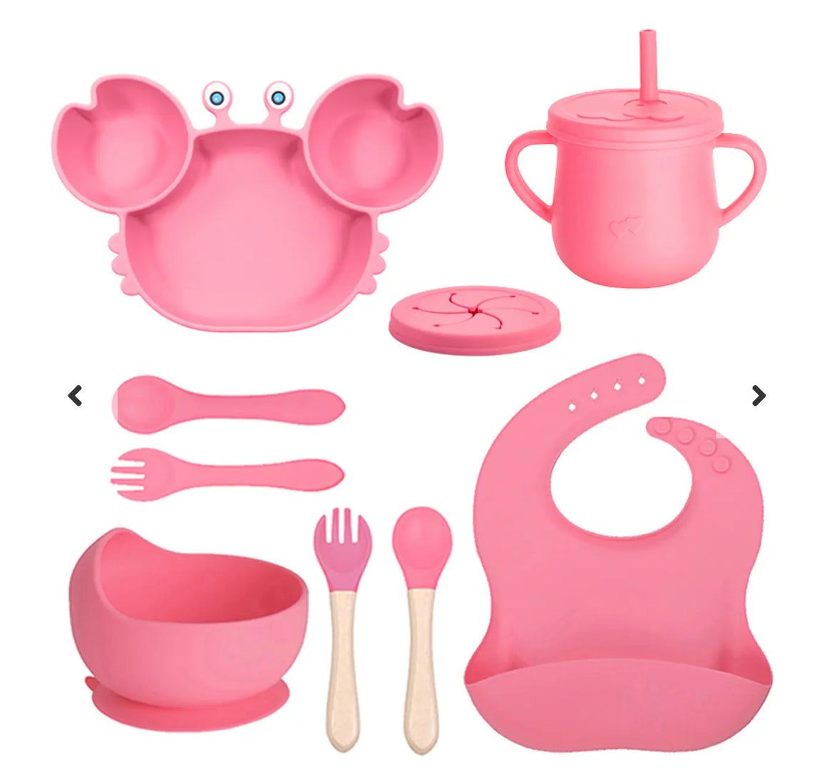 SET DE ALIMENTACION CANGREJO COMPLETO 9 PIEZAS + SET DE CUCHARA DE APRENDIZAJE DE REGALO - Tesoritos Baby